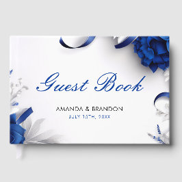 Chic Navy Blue & Silver Blume Ribbons Hochzeit Gästebuch