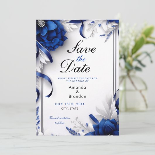 Chic Navy Blue & Silver Blume Ribbons Hochzeit Save The Date (Stehend Vorderseite)