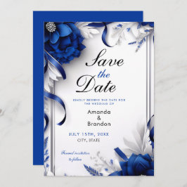 Chic Navy Blue & Silver Blume Ribbons Hochzeit Save The Date