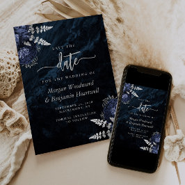 Chic Navy Blue Silver Floral Wedding Save the Date Einladung