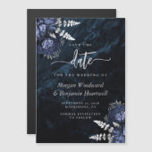 Chic Navy Blue Silver Floral Wedding Save the Date Magneteinladung (Vorne/Hinten)