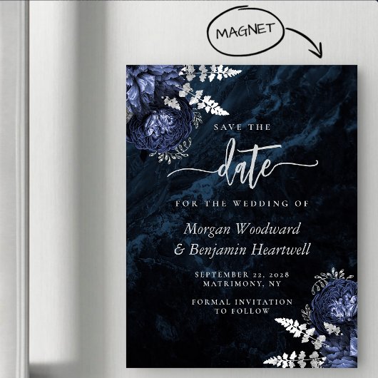 Chic Navy Blue Silver Floral Wedding Save the Date Magneteinladung