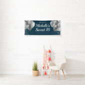 Chic Navy Blue Silver Glitzer Balloons Sweet 16 Banner (Insitu)