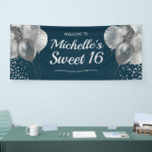 Chic Navy Blue Silver Glitzer Balloons Sweet 16 Banner (Messe)