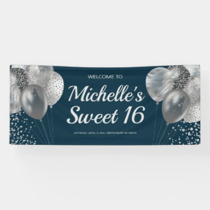 Chic Navy Blue Silver Glitzer Balloons Sweet 16 Banner