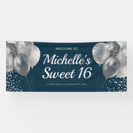 Chic Navy Blue Silver Glitzer Balloons Sweet 16 Banner (Horizontal)