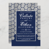 Chic Navy Blue Silver Glitzer Hexagon Geo Wedding Einladung (Vorne/Hinten)