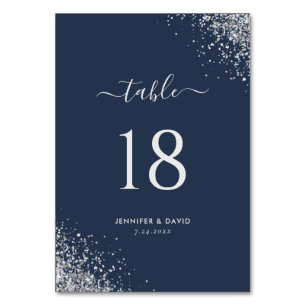 Chic Navy Blue Silver Glitzer Hochzeit Tischnummer