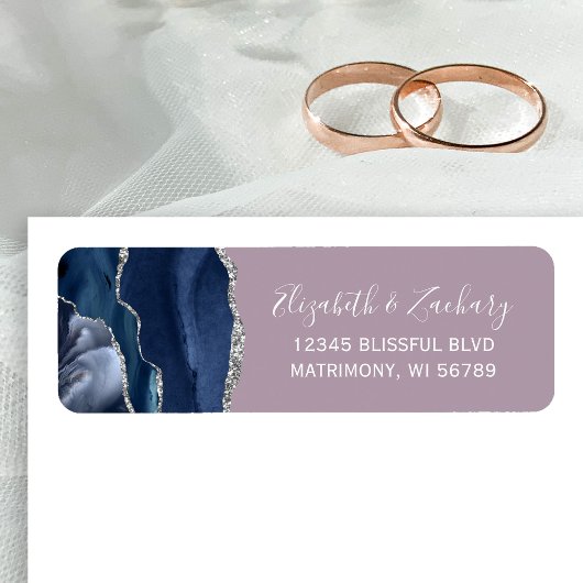 Chic Navy Blue Silver Mauve Wedding Return Address