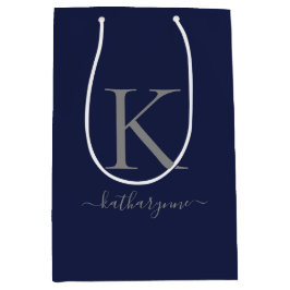 Chic Navy Blue Silver Monogram Name Mittlere Geschenktüte