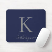 Chic Navy Blue Silver Monogram Script Mousepad (Mit Mouse)