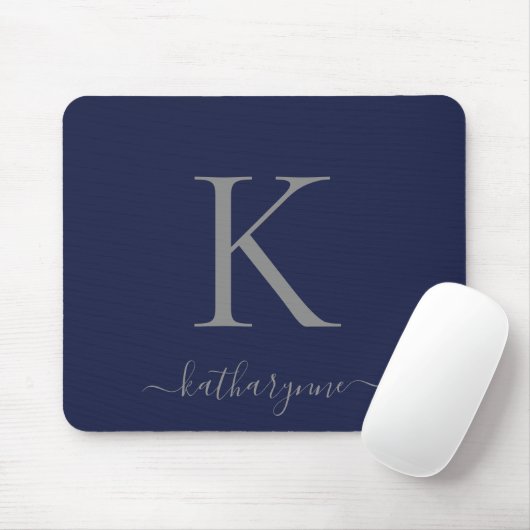 Chic Navy Blue Silver Monogram Script Mousepad (Mit Mouse)
