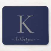 Chic Navy Blue Silver Monogram Script Mousepad (Vorne)