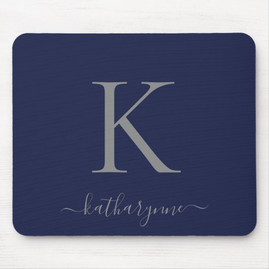 Chic Navy Blue Silver Monogram Script Mousepad (Vorne)