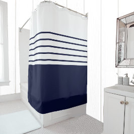 Chic Navy Blue Stripes Beach House Nautic Duschvorhang