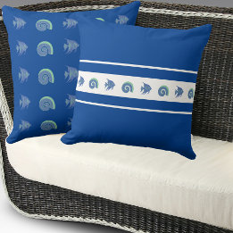 Chic Navy Blue Stripes Muschel Fish Beach House Kissen