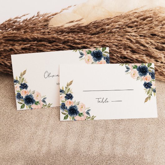 Chic Navy Blue und Blush Pink Floral Wedding Flat Platzkarte