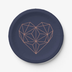 Chic Navy Blue und Rose Gold Foil Geometric Heart Pappteller