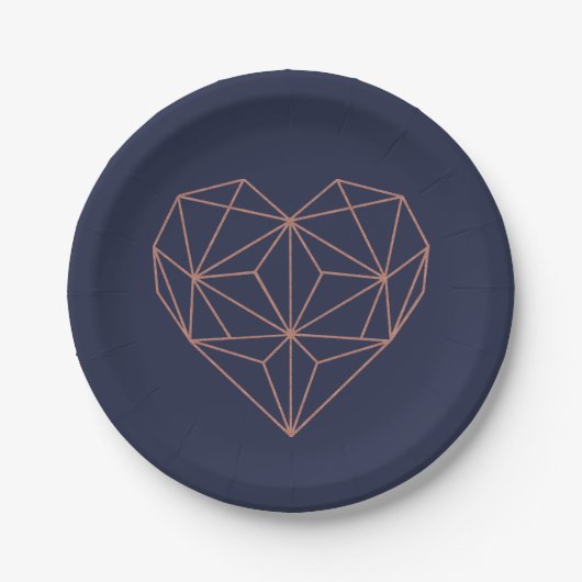 Chic Navy Blue und Rose Gold Foil Geometric Heart Pappteller (Vorderseite)