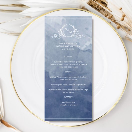 Chic Navy Blue Watercolor, Monogram Wedding Menu Menükarte