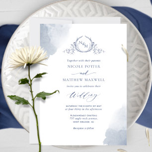 Chic Navy Blue Watercolor Stains, Monogram Wedding Einladung