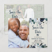 Chic Navy Blue White Blume Hochzeit speichern das  Ankündigungspostkarte (Vorne/Hinten)