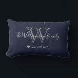 Chic Navy Blue White Monogram Family Keepake Lendenkissen<br><div class="desc">Chic Navy Blue White Monogram Family Keepake Lumbar Kissen. Personalisiertes Monogramm Erstmaligkeit mit Familienname und Hochzeitstermin in Schriftzeichen auf marinebasischem Hintergrund. Ein einzigartiges niedliches Geschenk für Neuvermählte. Lieblich für ihr neues Leben zusammen oder für Ihr Familienzimmer. Klicken Sie auf diese Vorlage, um sie schnell und einfach anzupassen. Weltweit schnell verschifft....</div>