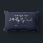 Chic Navy Blue White Monogram Family Keepake Lendenkissen<br><div class="desc">Chic Navy Blue White Monogram Family Keepake Lumbar Kissen. Personalisiertes Monogramm Erstmaligkeit mit Familienname und Hochzeitstermin in Schriftzeichen auf marinebasischem Hintergrund. Ein einzigartiges niedliches Geschenk für Neuvermählte. Lieblich für ihr neues Leben zusammen oder für Ihr Familienzimmer. Klicken Sie auf diese Vorlage, um sie schnell und einfach anzupassen. Weltweit schnell verschifft....</div>