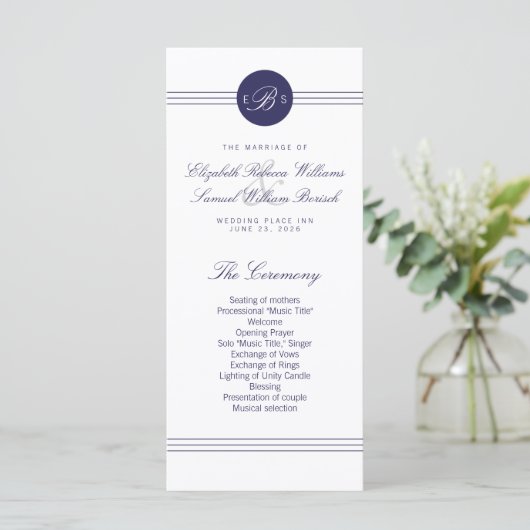 Chic Navy Blue White Monogram Program Rack Cards Programm (Stehend Vorderseite)