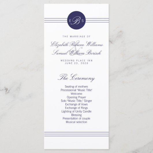 Chic Navy Blue White Monogram Program Rack Cards Programm (Vorderseite)