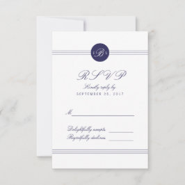 Chic Navy Blue White Monogram Response RSVP Card Karte