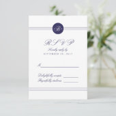 Chic Navy Blue White Monogram Response RSVP Card Karte (Stehend Vorderseite)