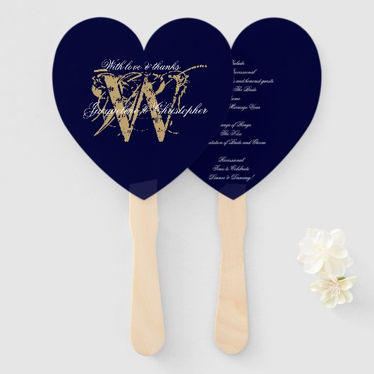 Chic Navy Blue & White Monogram Wedding Program Fächer (Vorne und Hinten)