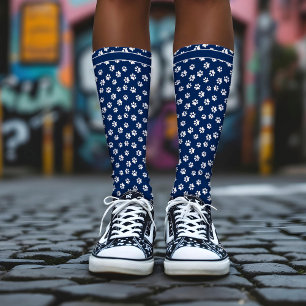 Chic Navy Blue & White Paw Print Personalisiert Na Socken