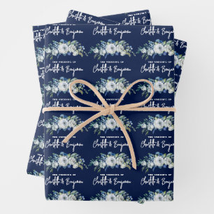 Chic Navy Blue White Peony Floral Custom Wedding Geschenkpapier Set