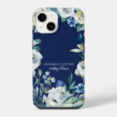 Chic Navy Blue White Peony Floral Monogram iPhone Hülle (Rückseite)