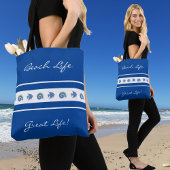 Chic Navy Blue White Stripes Fish Muschel Beach Li Tasche