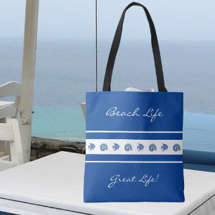 Chic Navy Blue White Stripes Fish Muschel Beach Li Tasche
