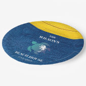 Chic Navy Blue Wood Sea Turtle Family Beach House Pappteller (Schrägansicht)