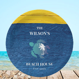 Chic Navy Blue Wood Sea Turtle Family Beach House Pappteller