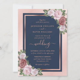 Chic Navy Blush and Rose Gold Floral Wedding Einladung