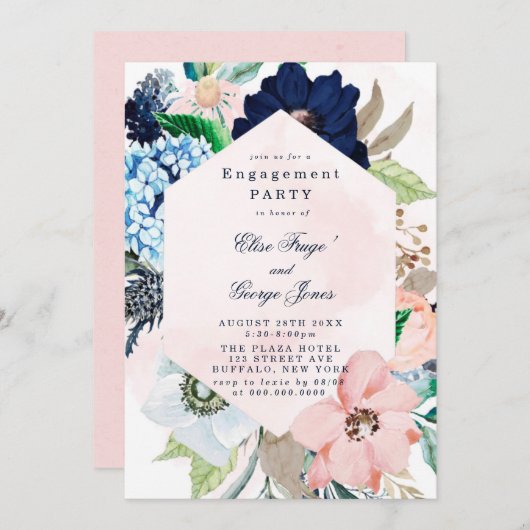 Chic Navy Blush Pink Floral Engagement Party Einladung (Vorne/Hinten)