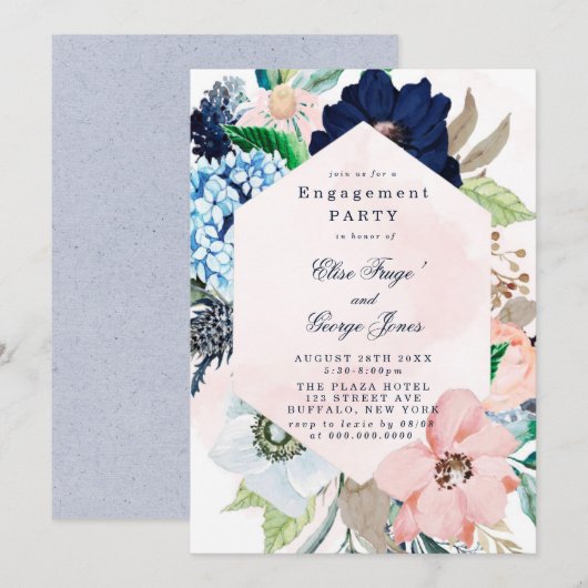 Chic Navy Blush Pink Floral Engagement Party Invii Einladung (Vorne/Hinten)