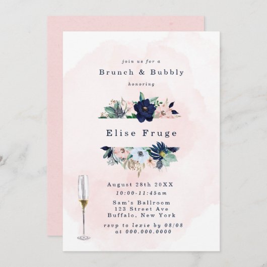 Chic Navy Blush Pink Florals Brunch & Bubbly Einladung (Vorne/Hinten)
