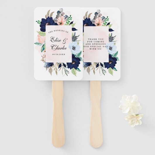 Chic Navy Blush Pink Painted Floral Wedding Dank Fächer (Vorne und Hinten)