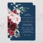 Chic Navy Burgundy Blush Peonies Floral Wedding Einladung (Vorne/Hinten)