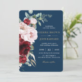 Chic Navy Burgundy Blush Peonies Floral Wedding Einladung (Stehend Vorderseite)