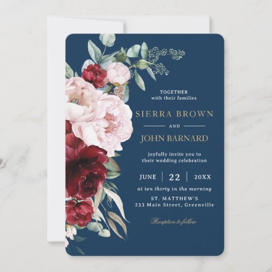 Chic Navy Burgundy Blush Peonies Floral Wedding Einladung (Vorderseite)