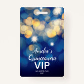 Chic Navy Gold Bokeh Quinceañera Invite VIP Pass Ausweis (Vorderseite)