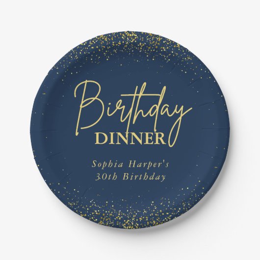 Chic Navy Gold Glitter Confetti Birthday Dinner Pappteller (Vorderseite)